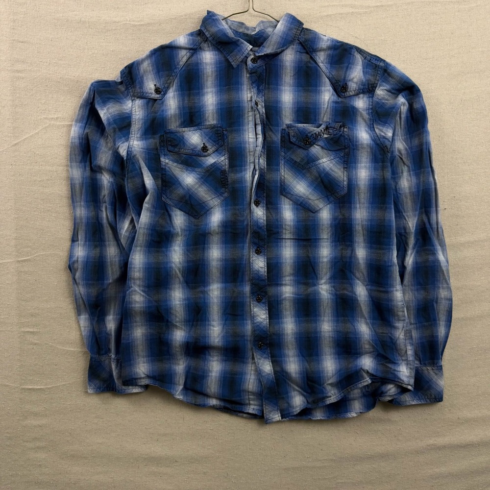 Affliction Button Down Shirt Mens L Blue Plaid Embroidered Back Western Moto